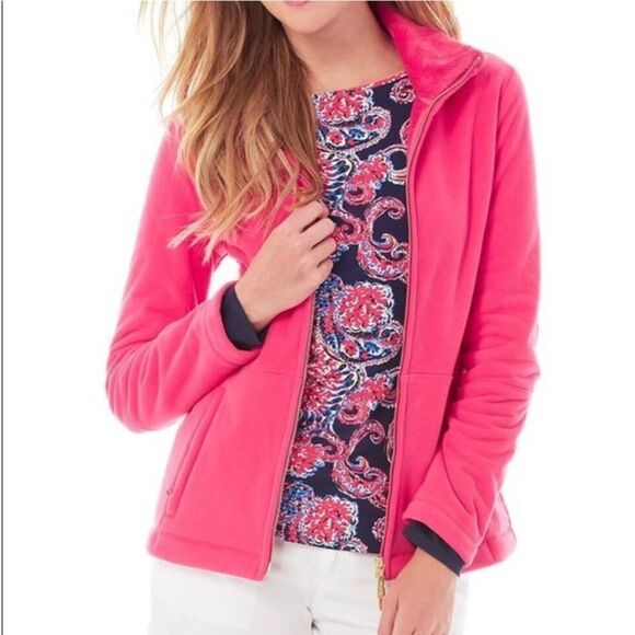 Lilly Pulitzer L Pink Grace Fleece Faux Fur Lined Cozy Soft Full Zip Jacket - Picture 1 of 16